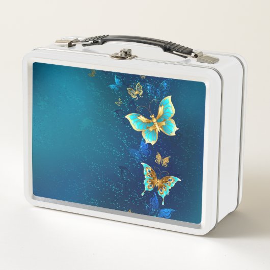 Lunch Box Papillons d'or sur un Arrière - plan bleu (Devant)