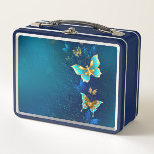 Lunch Box Papillons d'or sur un Arrière - plan bleu