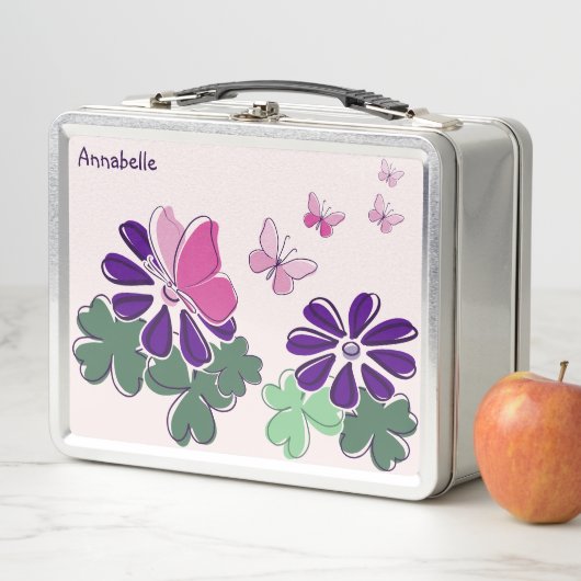 Lunch Box Papillons rose mignon vert violet Doodé de fleurs (En situation)