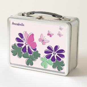 Lunch Box Papillons rose mignon vert violet Doodé de fleurs