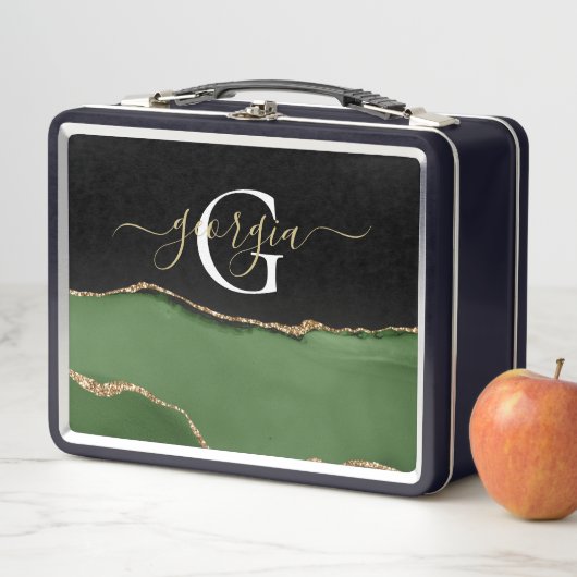 Lunch Box Parties scintillant d'or et Monogramme d'âge vert (En situation)