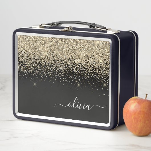 Lunch Box Parties scintillant en or noir Fille en métal Nom (En situation)