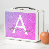 Lunch Box Parties scintillant rose et violet et monogramme é (En situation)