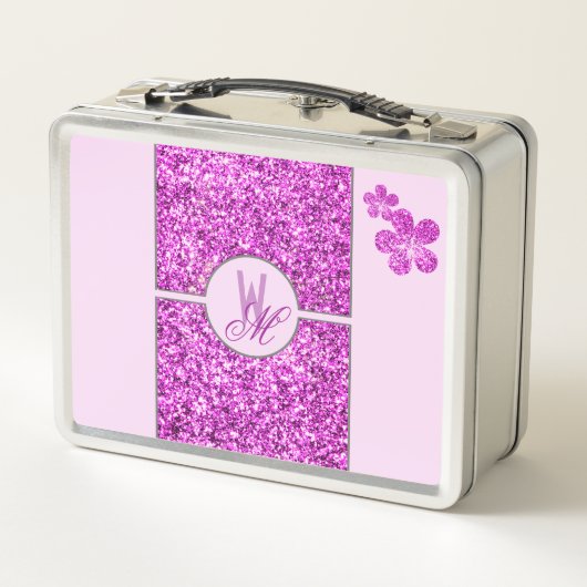 Lunch Box Parties scintillant rose Monogramme avec Fleurs (Dos)
