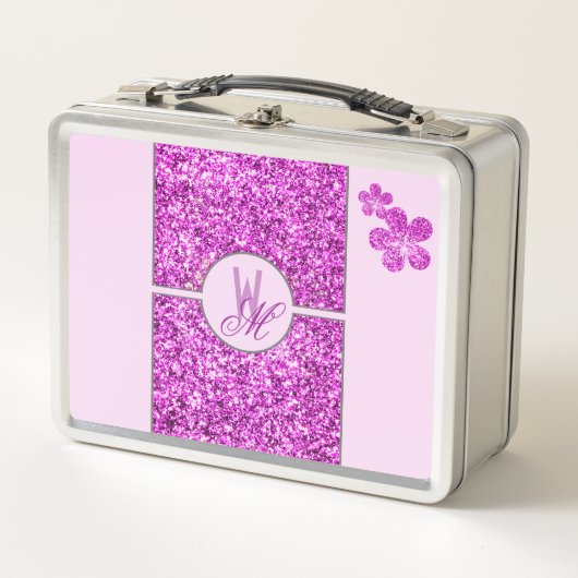 Lunch Box Parties scintillant rose Monogramme avec Fleurs (Devant)