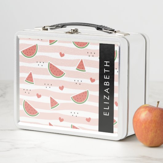 Lunch Box Pastèques Rouges, Coeurs, Bandes, Votre Nom (En situation)