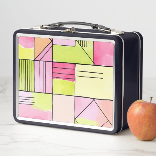 Lunch Box Patchwork Abstrait Rose et Vert Citron (En situation)