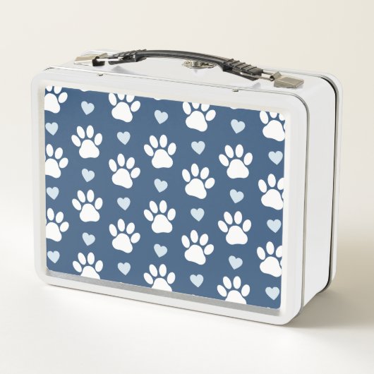 Lunch Box Pattern of paws, Dog paws, White paws, Blue Hearts (Dos)