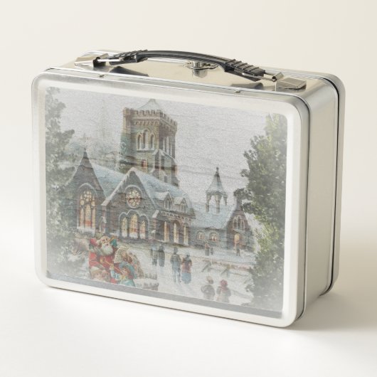 Lunch Box Père Noël ancienne avec enfants devant une église (Dos)