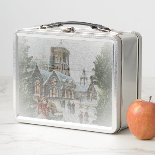 Lunch Box Père Noël ancienne avec enfants devant une église (En situation)