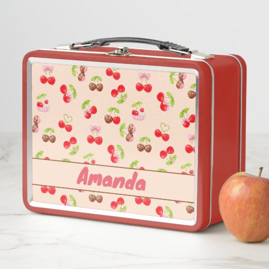 Lunch Box Personalized Cute Cherry Dessert Pattern Name  (En situation)