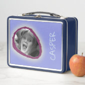 Lunch Box Photo personnalisée bleue et nom (En situation)
