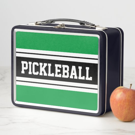 Lunch Box PICKLEBALL vert vif blanc noir rayures de course (En situation)