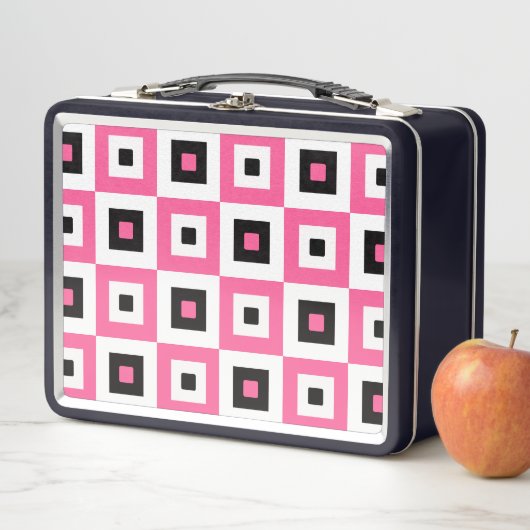 Lunch Box Pink Black and White Checkered Squares Pattern (En situation)