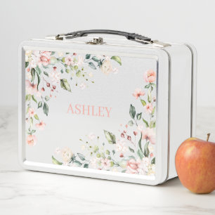 Lunch Box Pink Floral Monogram Aquarelle Nom personnalisé