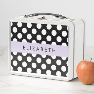 Lunch Box Pois noirs et blancs, pointillés, Votre nom