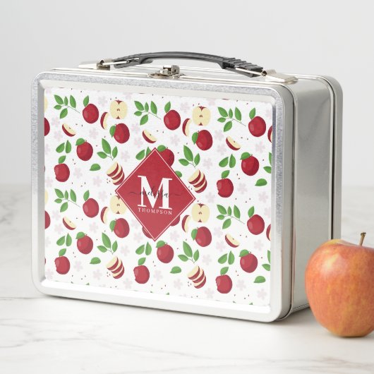 Lunch Box Pommes rouges, fleurs et Motif de verdure (En situation)