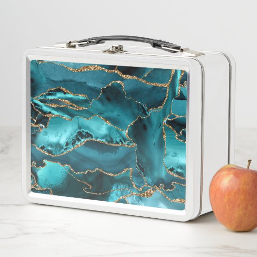 Lunch Box Porte de Parties scintillant Turquoise bleue et or (En situation)