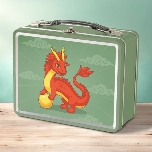 Lunch Box Red Chinese Dragon on Green