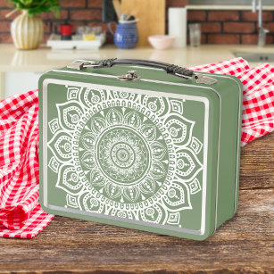 Lunch Box Retro Vert Et Blanc Mandala Art Imprimer