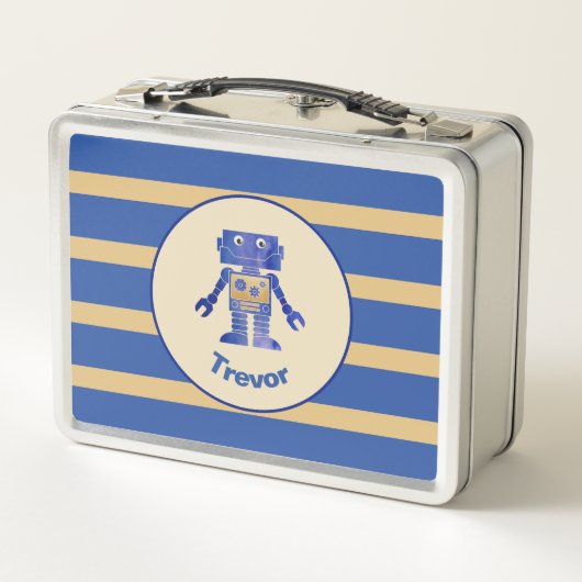 Lunch Box Robot d'or bleu rayé monogramme avec nom (Dos)