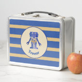 Lunch Box Robot d'or bleu rayé monogramme avec nom (En situation)