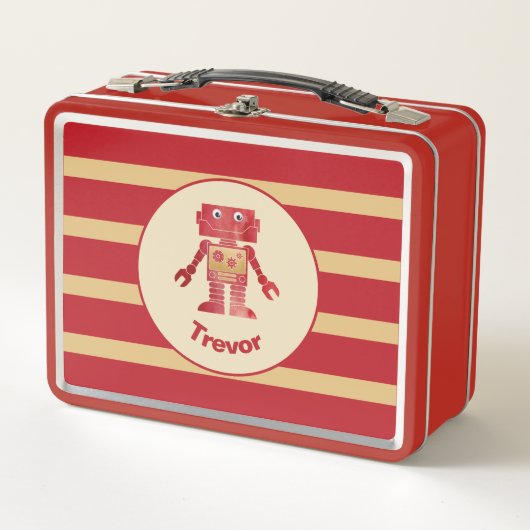 Lunch Box Robot en or rouge rayé monogramme avec nom (Devant)