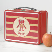 Lunch Box Robot en or rouge rayé monogramme avec nom (En situation)