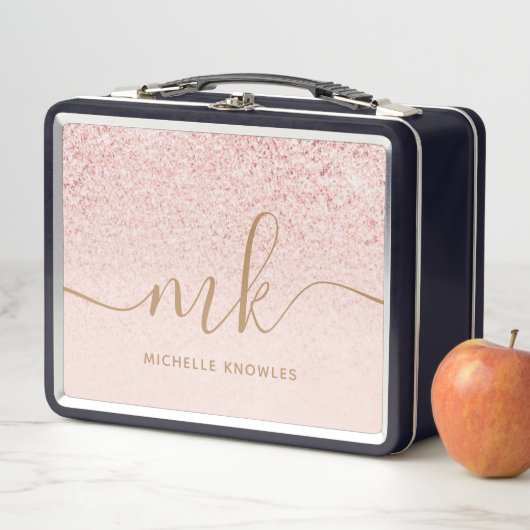 Lunch Box Rose Gold Pailleté Lettres Initiales et Nom de Lux (En situation)