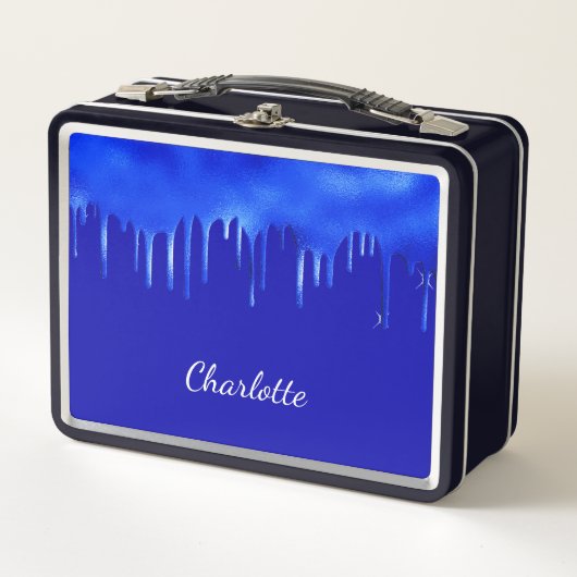 Lunch Box Royal bleu peinture goutte nom script fille (Devant)