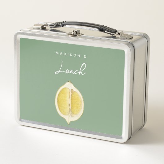 Lunch Box Sage Green & Lemon Script Cuisine Nom personnalisé (Devant)