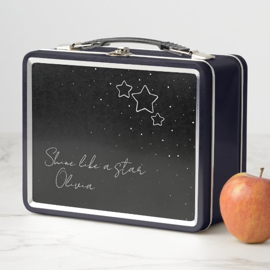 Lunch Box Star Trio en noir et blanc avec message et nom (En situation)