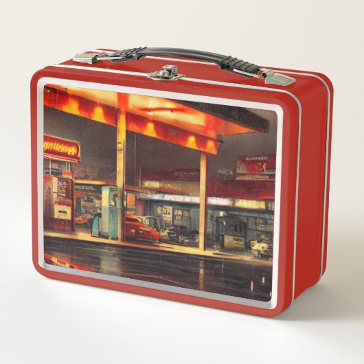 Lunch Box Station-service Lit Up 1950s Boîte à lunch en méta (Devant)