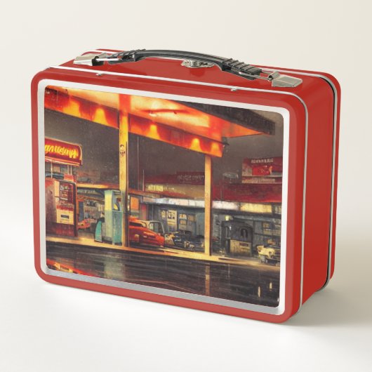 Lunch Box Station-service Lit Up 1950s Boîte à lunch en méta (Dos)