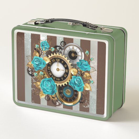 Lunch Box Steampunk Clock and Turquoise Roses on Striped (Dos)