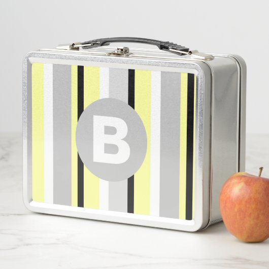 Lunch Box Stylish Yellow and Grey Striped Monogram (En situation)