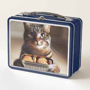 Lunch Box Tabby cat présentant une boîte de biscuits