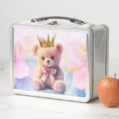 Lunch Box Teddy Bear rose Ruban Couronne or (En situation)