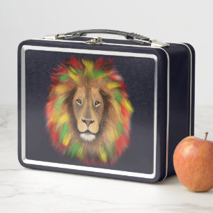 Lunch Box Tête de lion rasta rouge jaune vert dessin Jamaïqu
