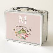 Lunch Box Théière Party Fleurs Roses et Papillons Monogramme (Dos)