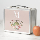 Lunch Box Théière Party Fleurs Roses et Papillons Monogramme (En situation)