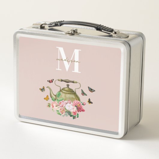 Lunch Box Théière Party Fleurs Roses et Papillons Monogramme (Devant)