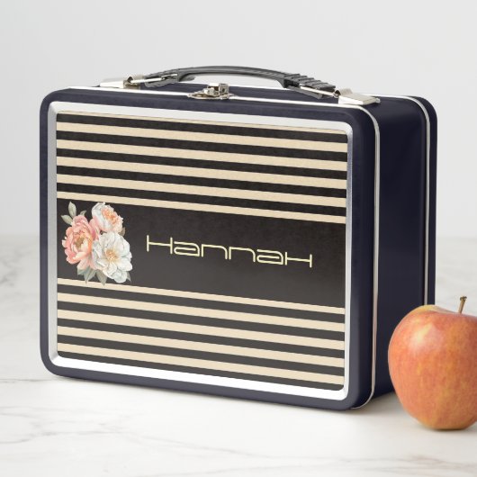 Lunch Box Top Brown avec rayures beiges Floral (En situation)