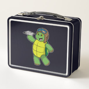 Lunch Box Tortue comme pilote avec avion en papier