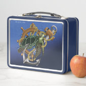 Lunch Box Tortue de mer nautique Ancre Roue de navire Bleu (En situation)