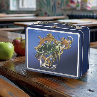 Lunch Box Tortue de mer nautique Ancre Roue de navire Bleu