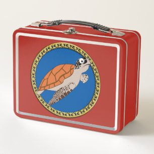 Lunch Box Tortue de mer orange nageant avec cadre doré