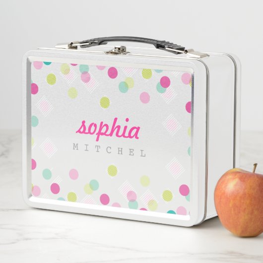 Lunch Box TRENDY mignon poka point confetti motif rose vert (En situation)
