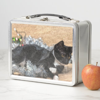 Lunch Box Tuxedo Kitten Tinsel et lumières peint