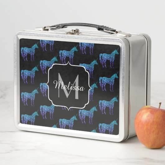 Lunch Box Unicorn Sparkles aqua blue ombre motif Monogramme (En situation)